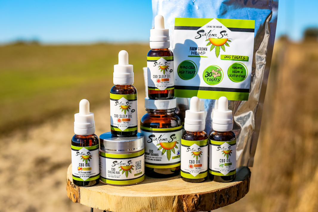 Southern Sun CBD full line-up of products in the sun.
